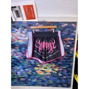 Romwe Men XXL Black Pink Metal Graphic Athletic Shorts Barbed Wire Streetwear